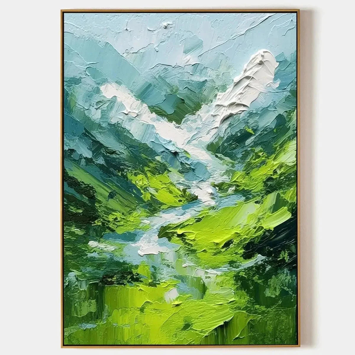 EMERALD VALLEY: Textured Green Abstract Mountain Landscape Painting | hanging in EMERALD VALLEY: Textured Green Abstract Mountain Landscape Painting featuring layered textured brushwork in refined ...