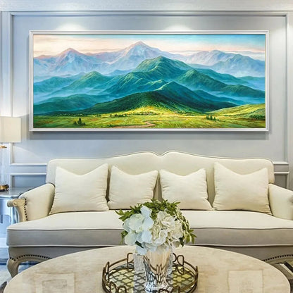 EMERALD VALLEY VISTA: Panoramic Mountain Landscape Oil Painting | Landscape closeup, raised brushwork detail