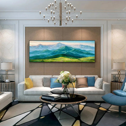 EMERALD VALLEY VISTA: Panoramic Mountain Landscape Oil Painting | gold frame stretched on neutral wall