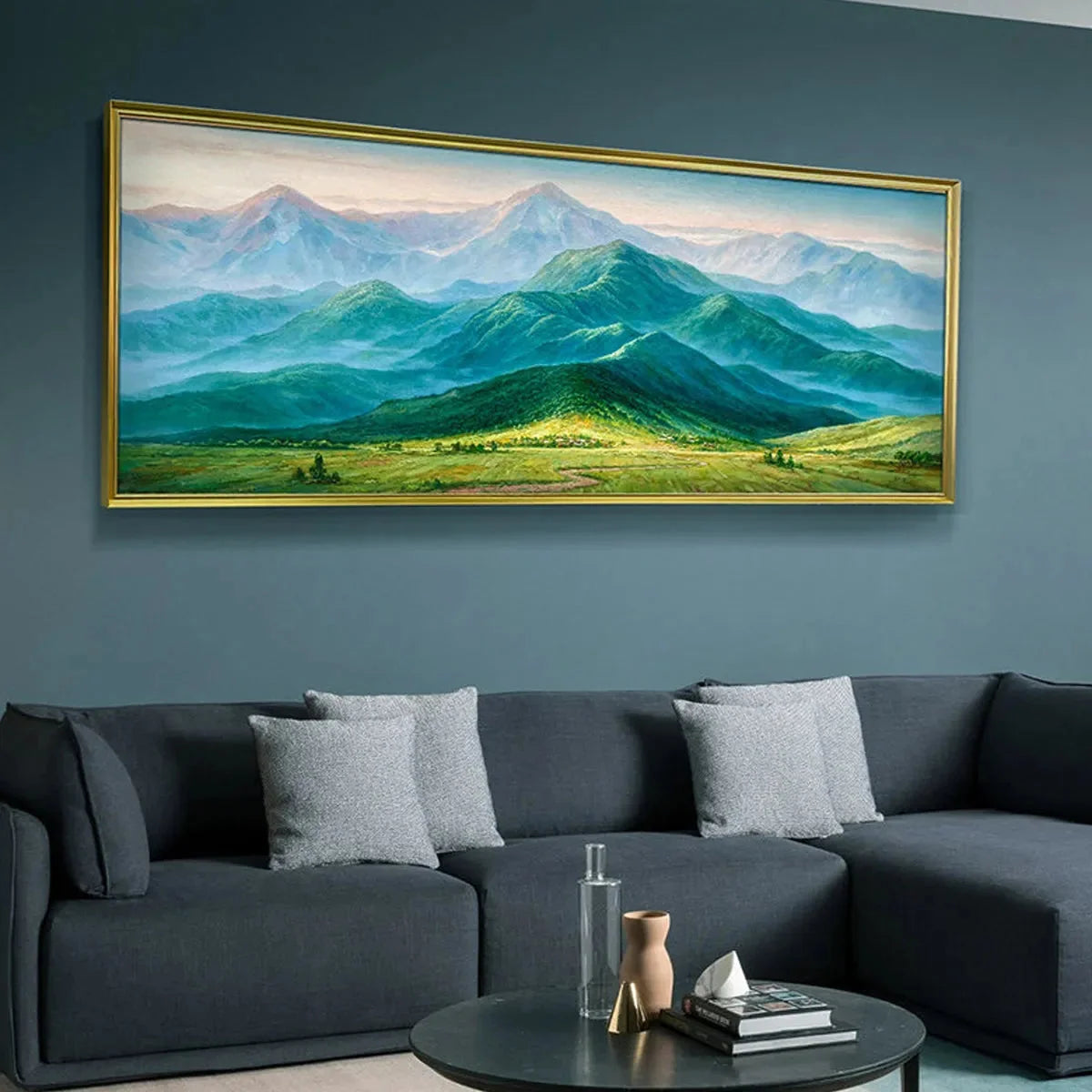 EMERALD VALLEY VISTA: Panoramic Mountain Landscape Oil Painting | rolled canvas, ready for custom framing