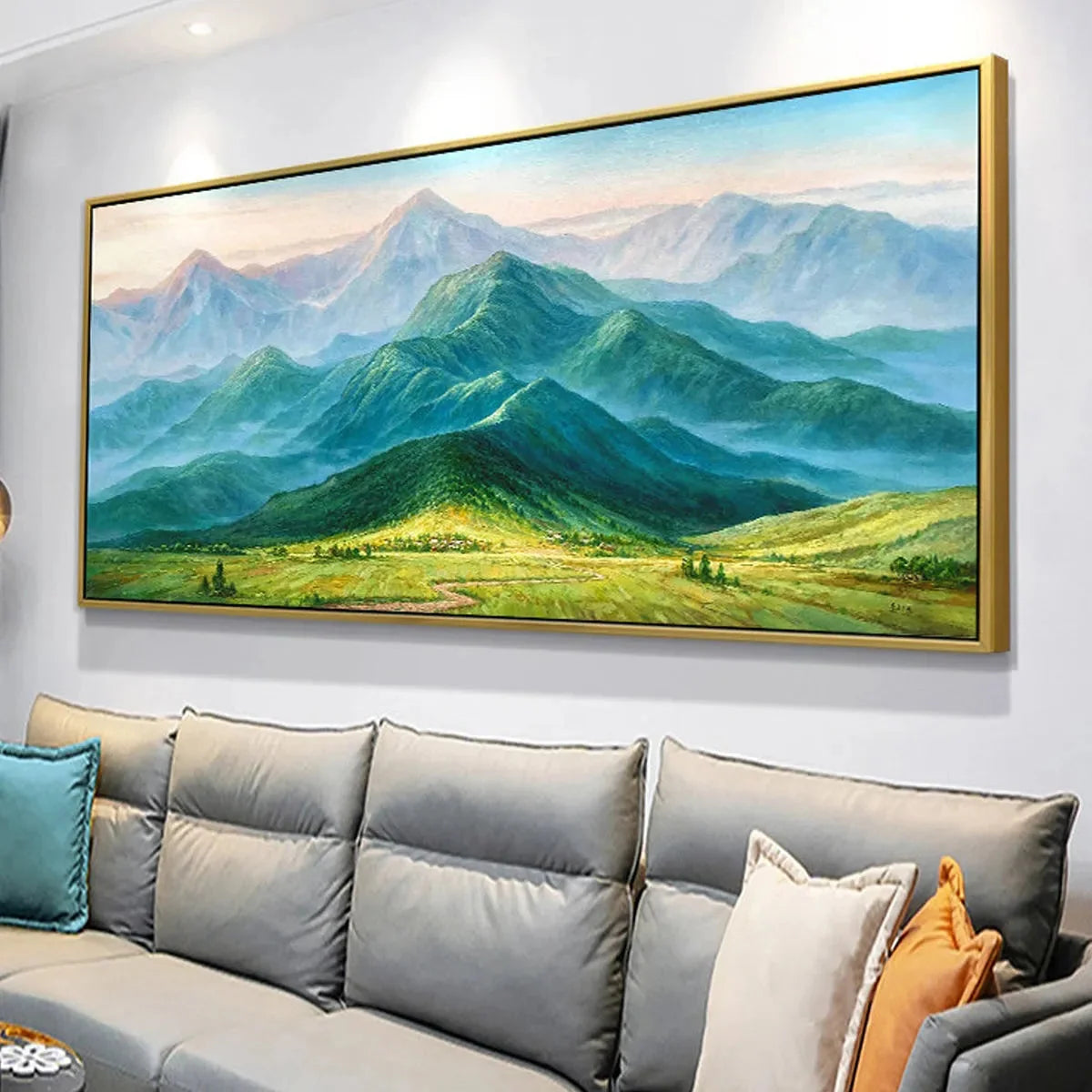 EMERALD VALLEY VISTA: Panoramic Mountain Landscape Oil Painting | black frame version on white wall