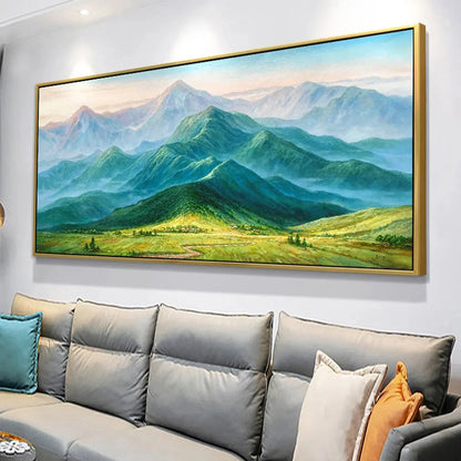 EMERALD VALLEY VISTA: Panoramic Mountain Landscape Oil Painting | black frame version on white wall