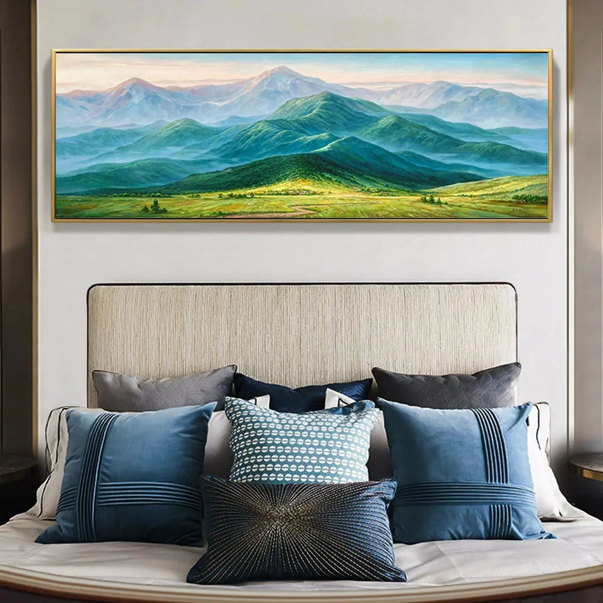 EMERALD VALLEY VISTA: Panoramic Mountain Landscape Oil Painting | Landscape mood, soft natural light studio shot