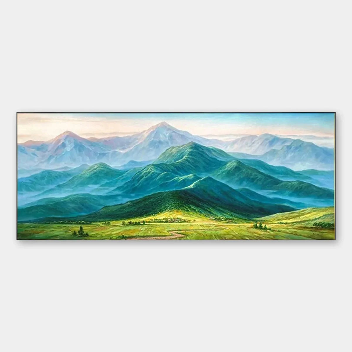 EMERALD VALLEY VISTA: Panoramic Mountain Landscape Oil Painting | hanging in EMERALD VALLEY VISTA: Panoramic Mountain Landscape Oil Painting featuring layered textured brushwork in refined tones; l...