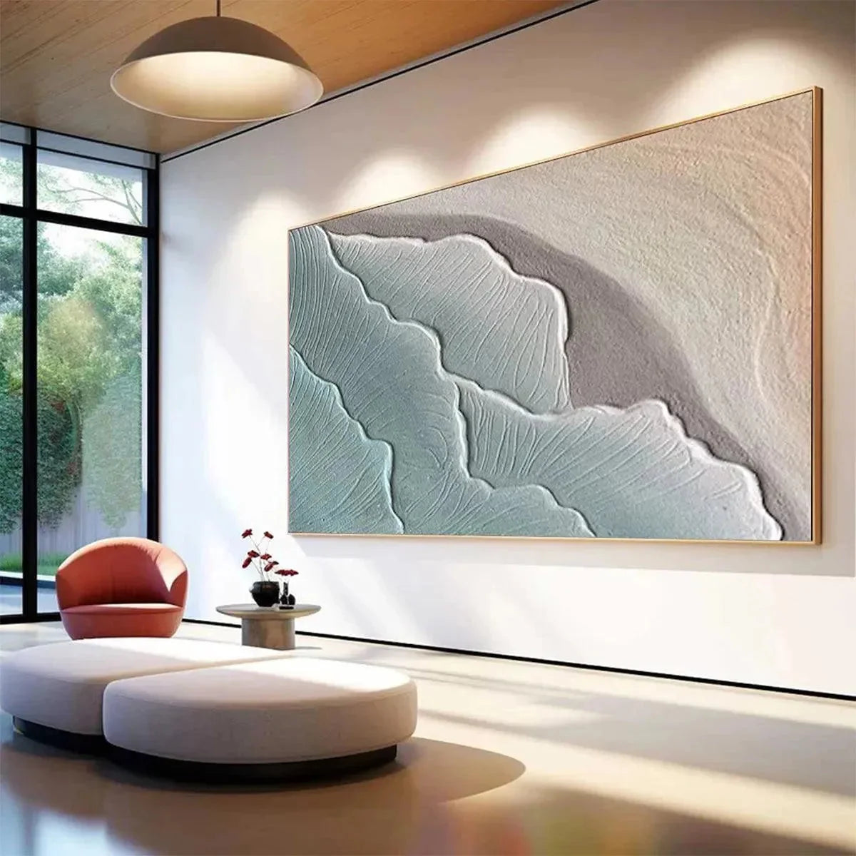 EMERALD WAVES: Textured Abstract Seascape Painting in Teal | gold frame stretched on neutral wall