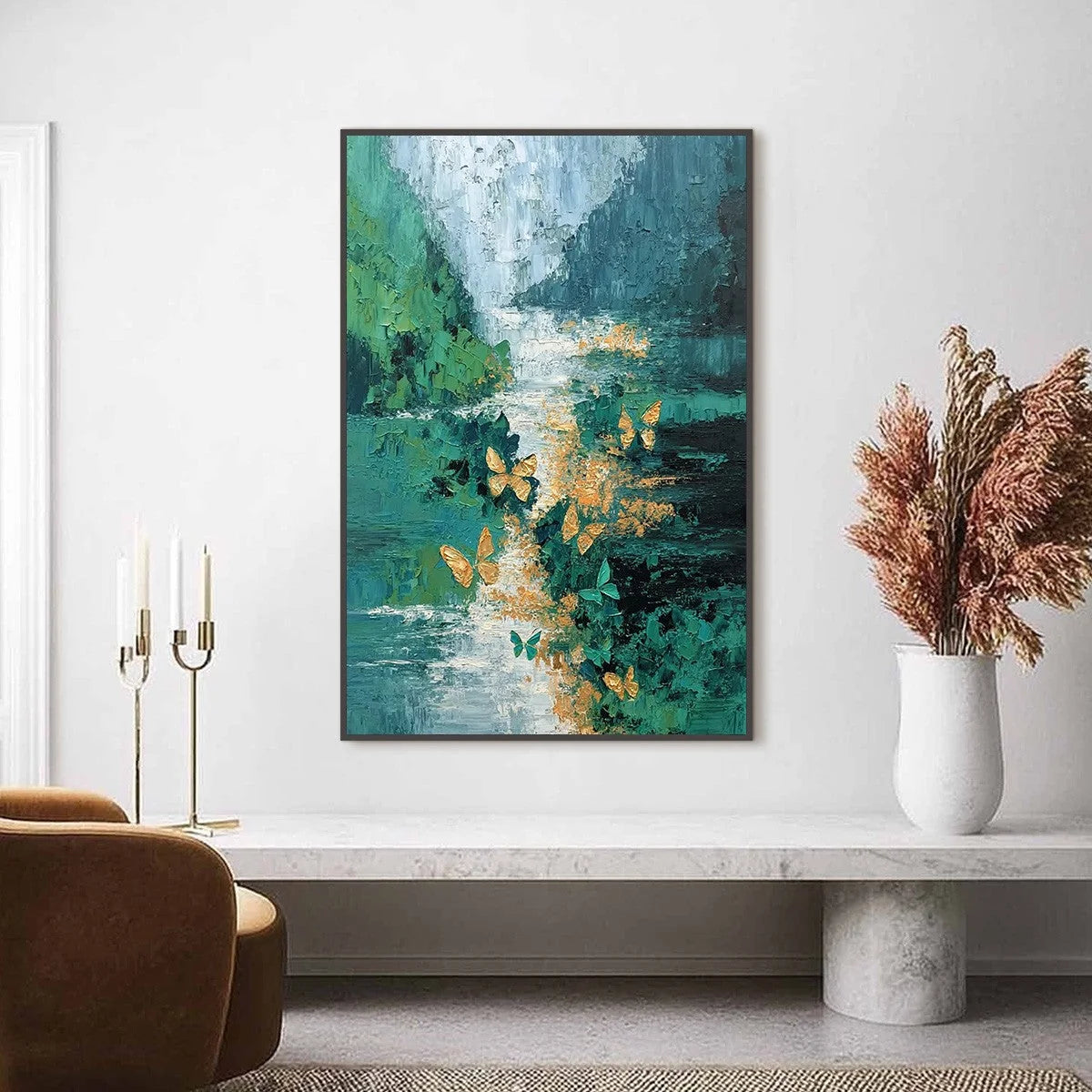 EMERGENCE: Textured Impasto River Painting with Golden Butterflies | Abstract closeup, raised brushwork detail