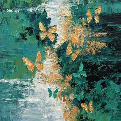 EMERGENCE: Textured Impasto River Painting with Golden Butterflies | rectangular format, hand-painted canvas edge