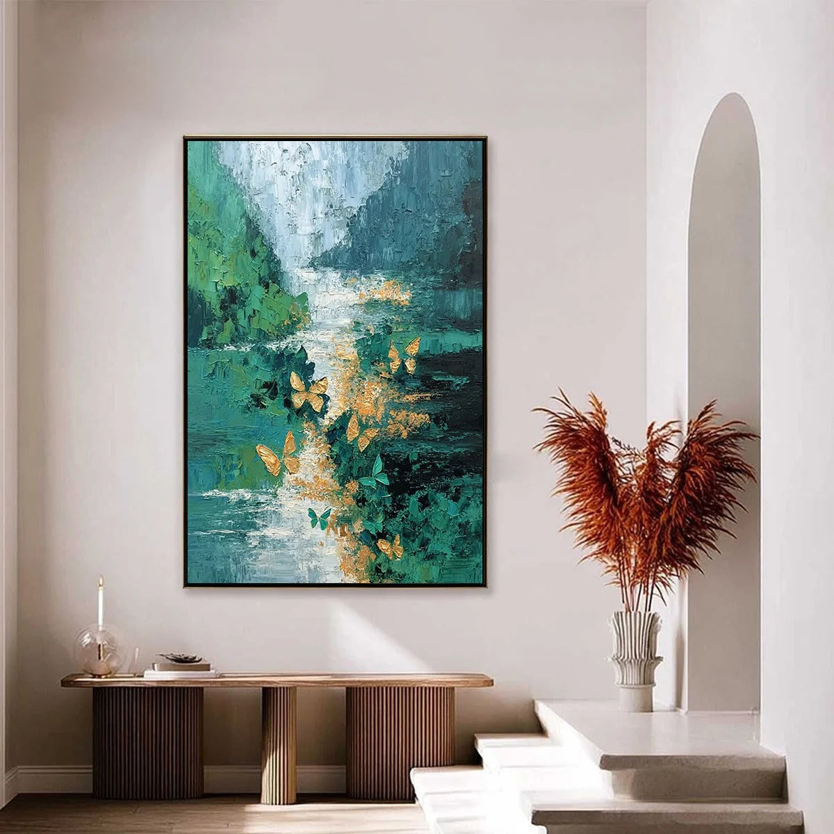 EMERGENCE: Textured Impasto River Painting with Golden Butterflies | gold frame stretched on neutral wall