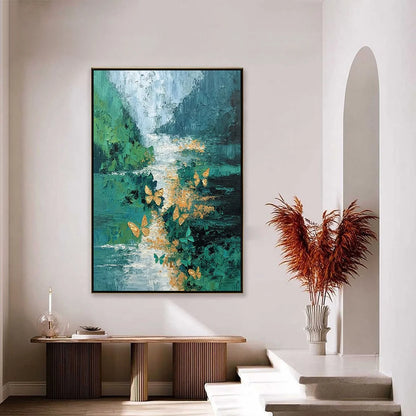 EMERGENCE: Textured Impasto River Painting with Golden Butterflies | gold frame stretched on neutral wall