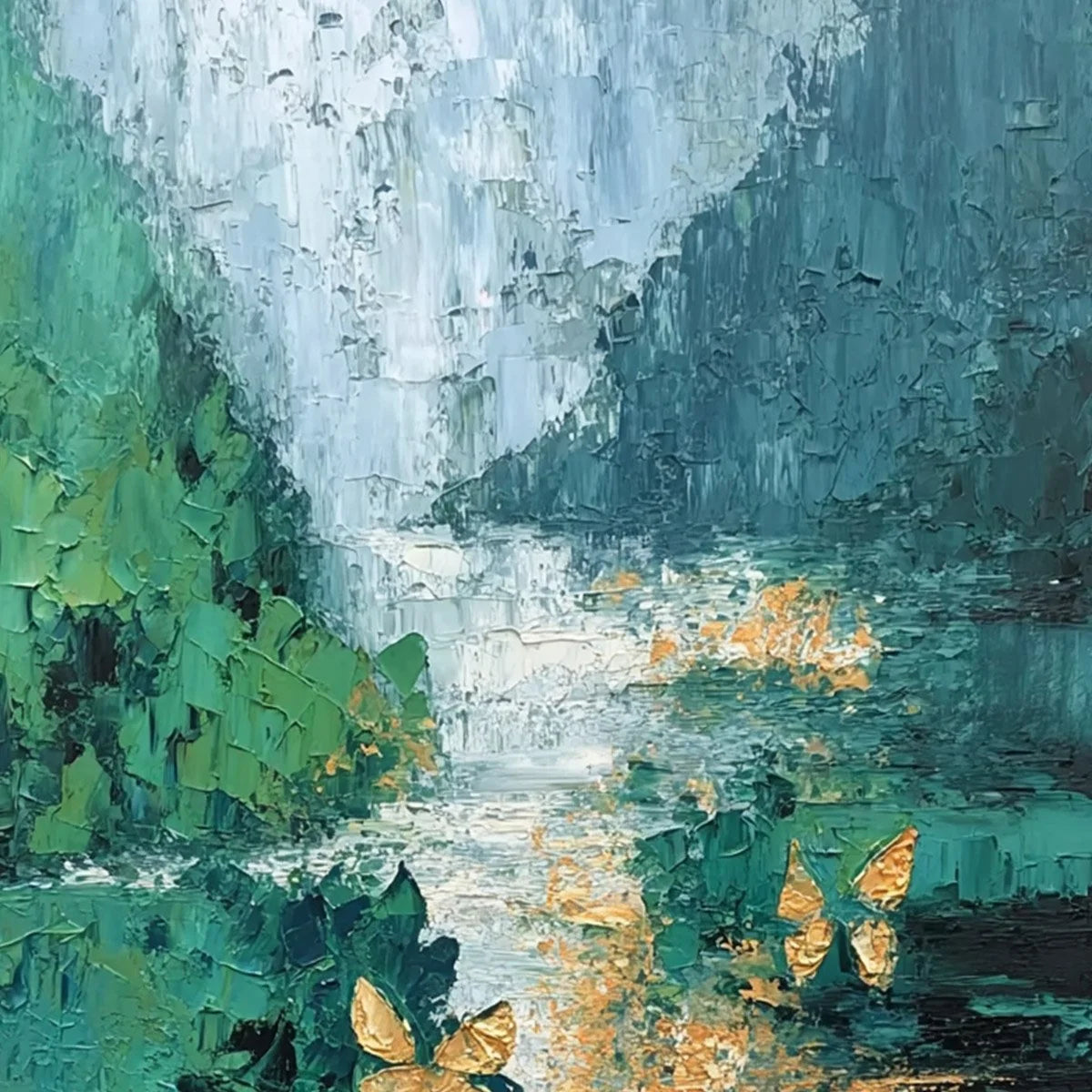 EMERGENCE: Textured Impasto River Painting with Golden Butterflies | rolled canvas, ready for custom framing