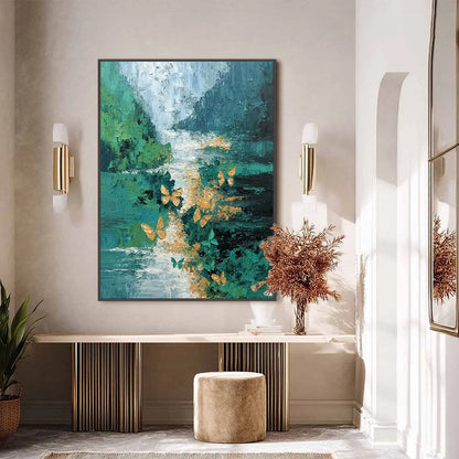 EMERGENCE: Textured Impasto River Painting with Golden Butterflies | black frame version on white wall
