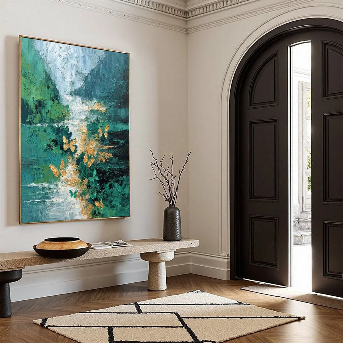 EMERGENCE: Textured Impasto River Painting with Golden Butterflies | yellow palette, original Hand-painted on premium stretched canvas using artist-grade oils; rich layered surface combines smooth ...