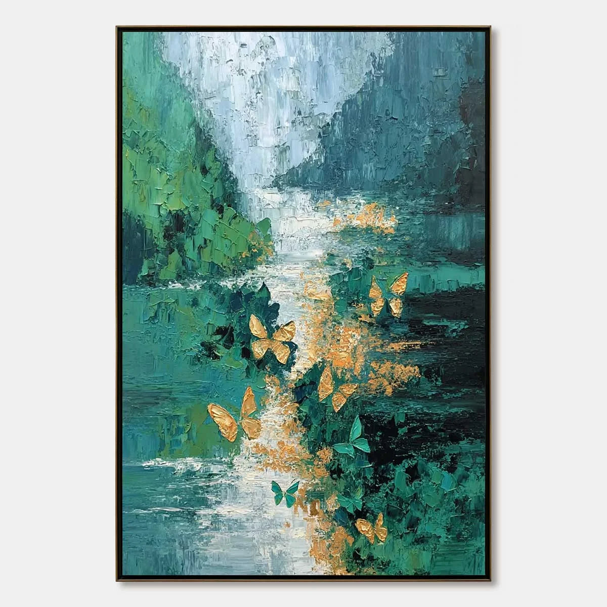 EMERGENCE: Textured Impasto River Painting with Golden Butterflies | hanging in EMERGENCE: Textured Impasto River Painting with Golden Butterflies featuring layered textured brushwork in refined to...