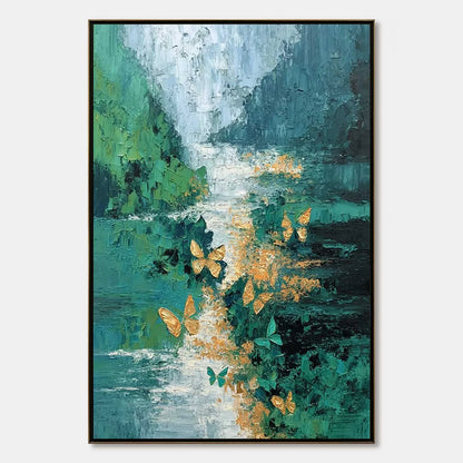 EMERGENCE: Textured Impasto River Painting with Golden Butterflies | hanging in EMERGENCE: Textured Impasto River Painting with Golden Butterflies featuring layered textured brushwork in refined to...