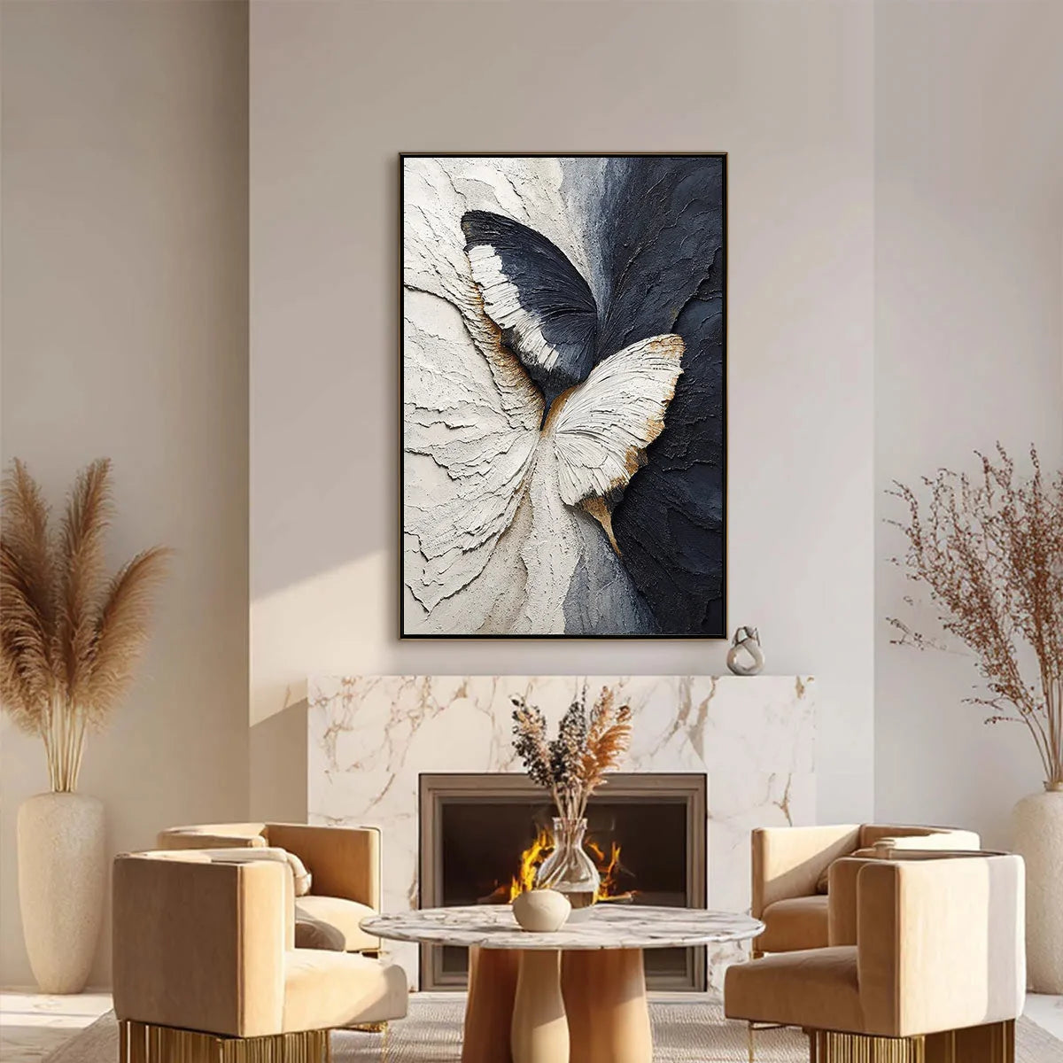 EMERGENCE: Textured Wabi Sabi Butterfly Impasto Wall Art | black frame version on white wall