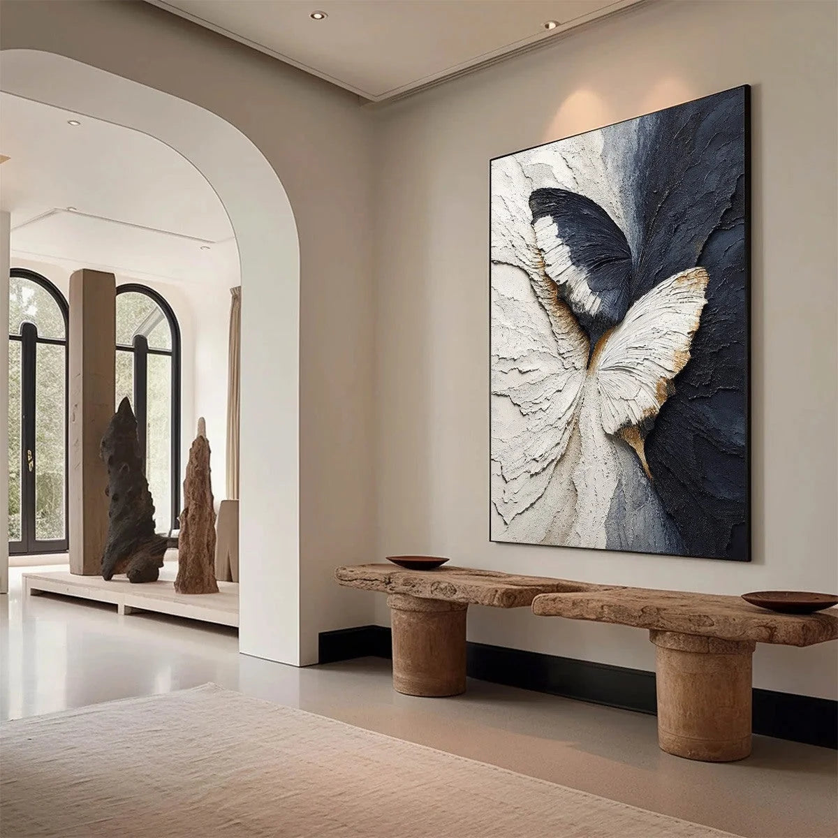 EMERGENCE: Textured Wabi Sabi Butterfly Impasto Wall Art | Abstract mood, soft natural light studio shot