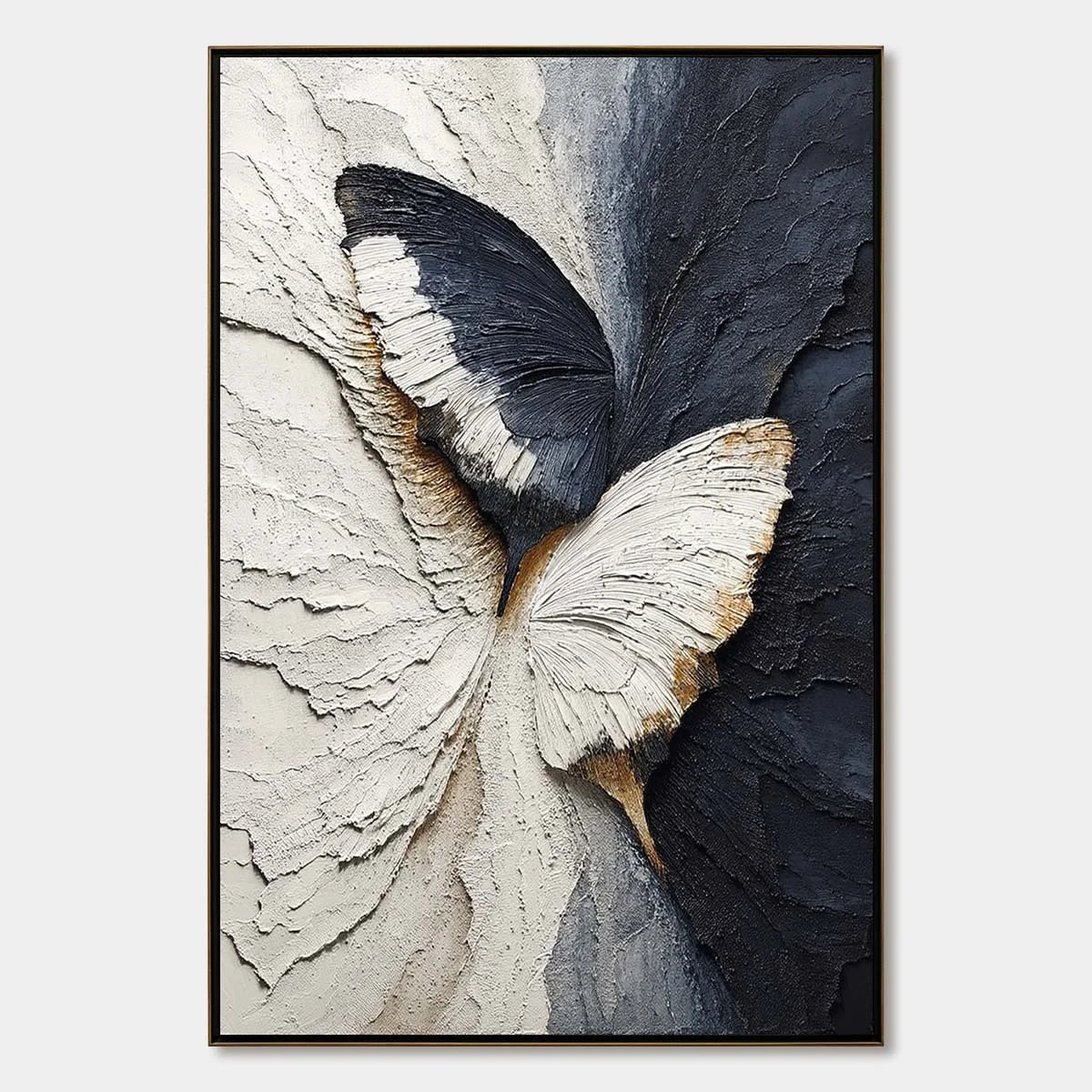 EMERGENCE: Textured Wabi Sabi Butterfly Impasto Wall Art | hanging in EMERGENCE: Textured Wabi Sabi Butterfly Impasto Wall Art featuring layered textured brushwork in refined tones; abstract compos...