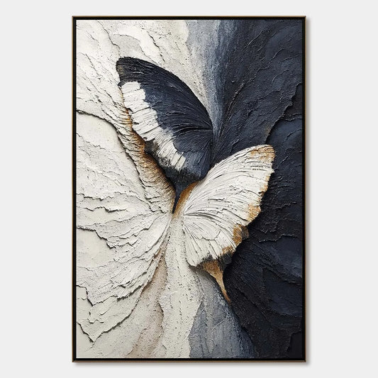 EMERGENCE: Textured Wabi Sabi Butterfly Impasto Wall Art | hanging in EMERGENCE: Textured Wabi Sabi Butterfly Impasto Wall Art featuring layered textured brushwork in refined tones; abstract compos...