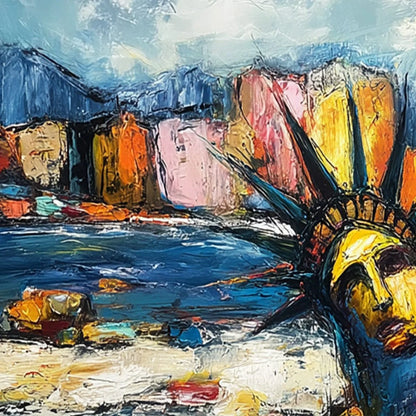 EMPIRE VIBRATIONS: Textured Abstract Statue of Liberty Cityscape Painting | rectangular format, hand-painted canvas edge
