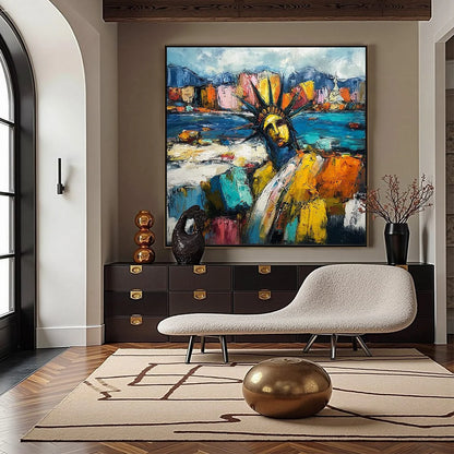 EMPIRE VIBRATIONS: Textured Abstract Statue of Liberty Cityscape Painting | gold frame stretched on neutral wall