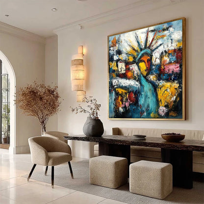 EMPIRE VIBRATIONS: Textured Abstract Statue of Liberty Cityscape Painting | beige palette, original Hand-painted on premium stretched canvas using artist-grade oils; rich layered surface combines s...