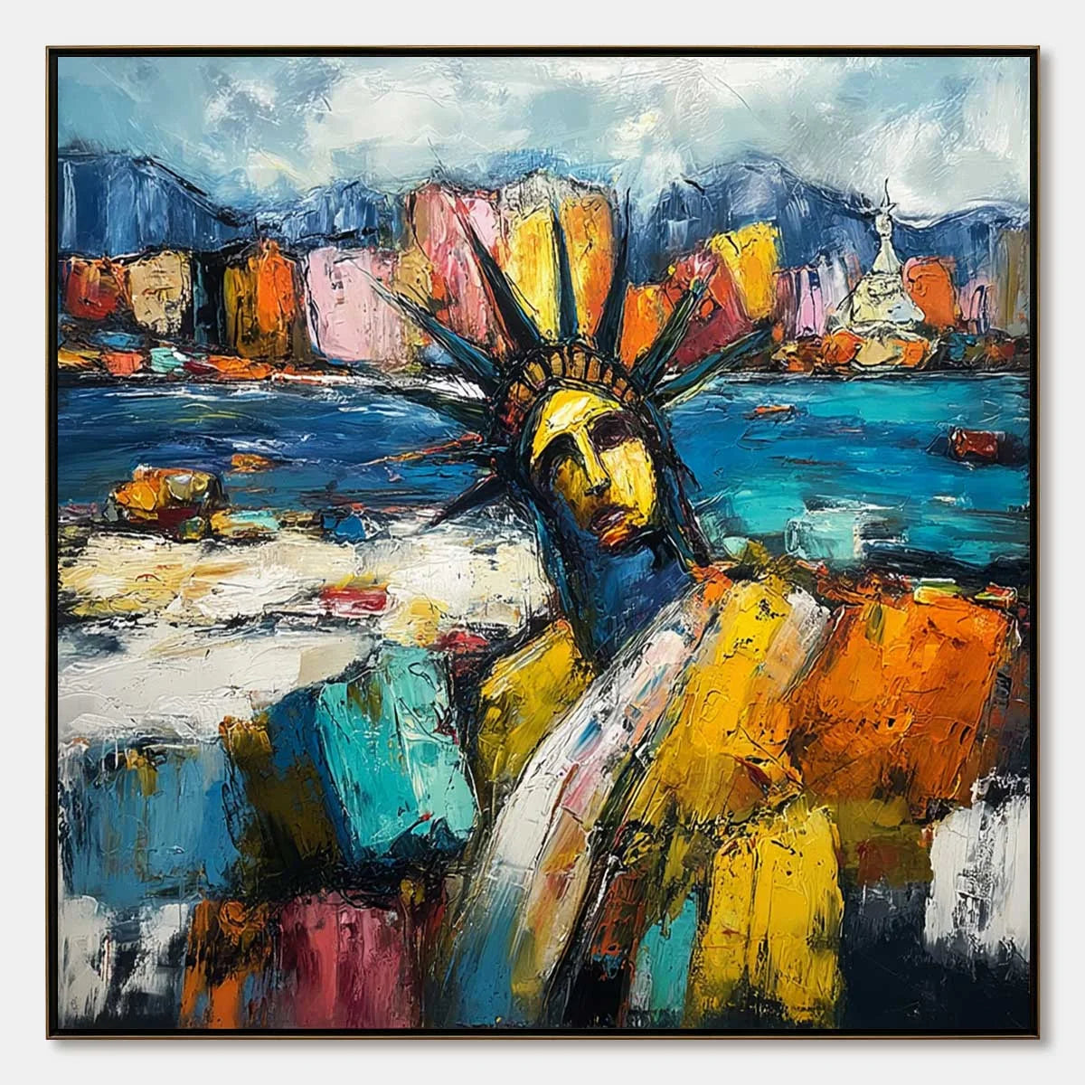 EMPIRE VIBRATIONS: Textured Abstract Statue of Liberty Cityscape Painting | hanging in EMPIRE VIBRATIONS: Textured Abstract Statue of Liberty Cityscape Painting featuring layered textured brushwork...