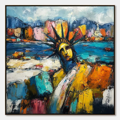 EMPIRE VIBRATIONS: Textured Abstract Statue of Liberty Cityscape Painting | hanging in EMPIRE VIBRATIONS: Textured Abstract Statue of Liberty Cityscape Painting featuring layered textured brushwork...