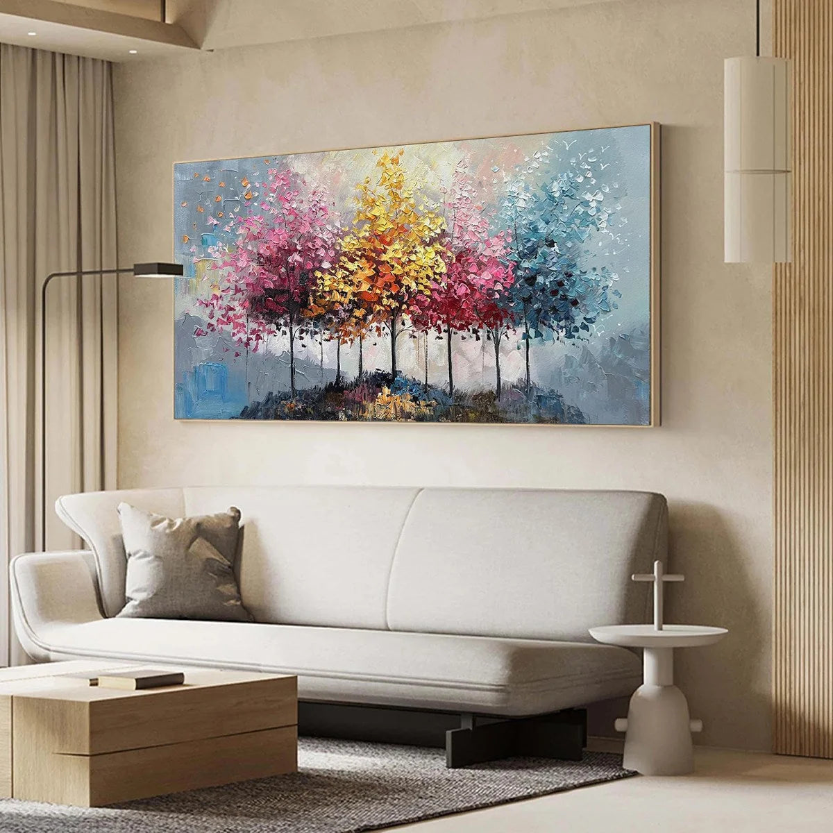 ENCHANTED FOREST: Textured Colorful Trees Oil Painting | gold frame stretched on neutral wall