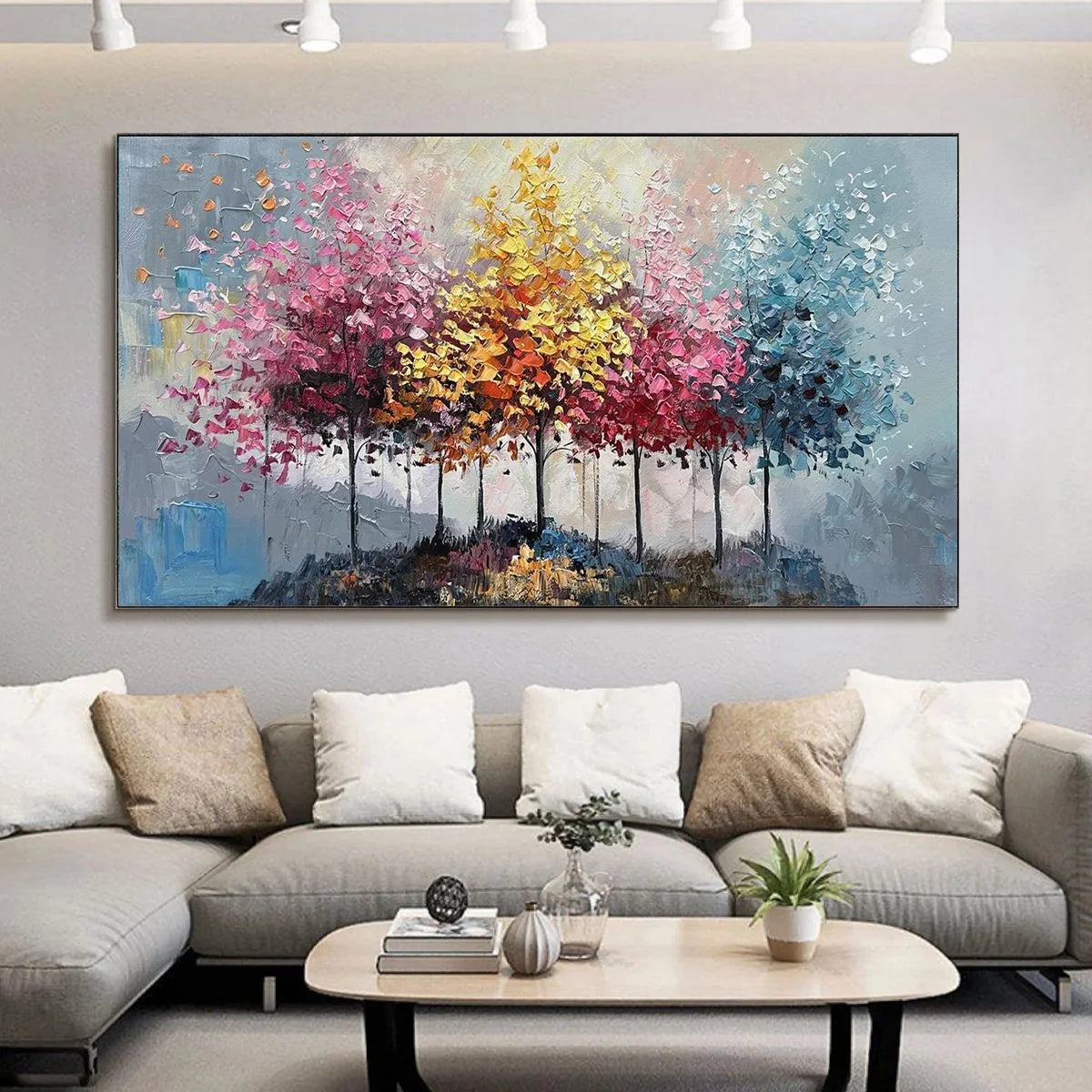 ENCHANTED FOREST: Textured Colorful Trees Oil Painting | black frame version on white wall