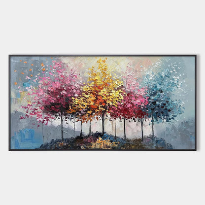 ENCHANTED FOREST: Textured Colorful Trees Oil Painting | hanging in ENCHANTED FOREST: Textured Colorful Trees Oil Painting featuring layered textured brushwork in refined tones; abstract compositio...