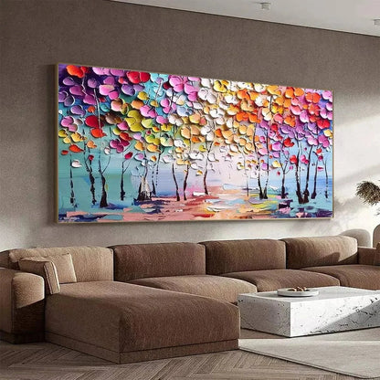 ENCHANTED FOREST: Textured Impasto Forest Painting in Vibrant Colors | gold frame stretched on neutral wall