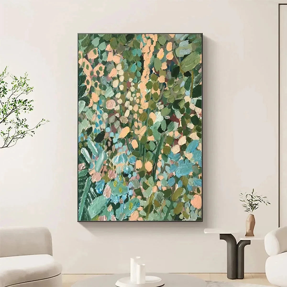 ENCHANTED GARDEN: Vertical Abstract Floral Painting in Green, Blue, and Peach | Abstract closeup, raised brushwork detail