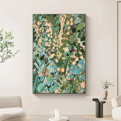 ENCHANTED GARDEN: Vertical Abstract Floral Painting in Green, Blue, and Peach | Abstract closeup, raised brushwork detail
