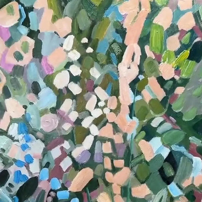 ENCHANTED GARDEN: Vertical Abstract Floral Painting in Green, Blue, and Peach | rectangular format, hand-painted canvas edge