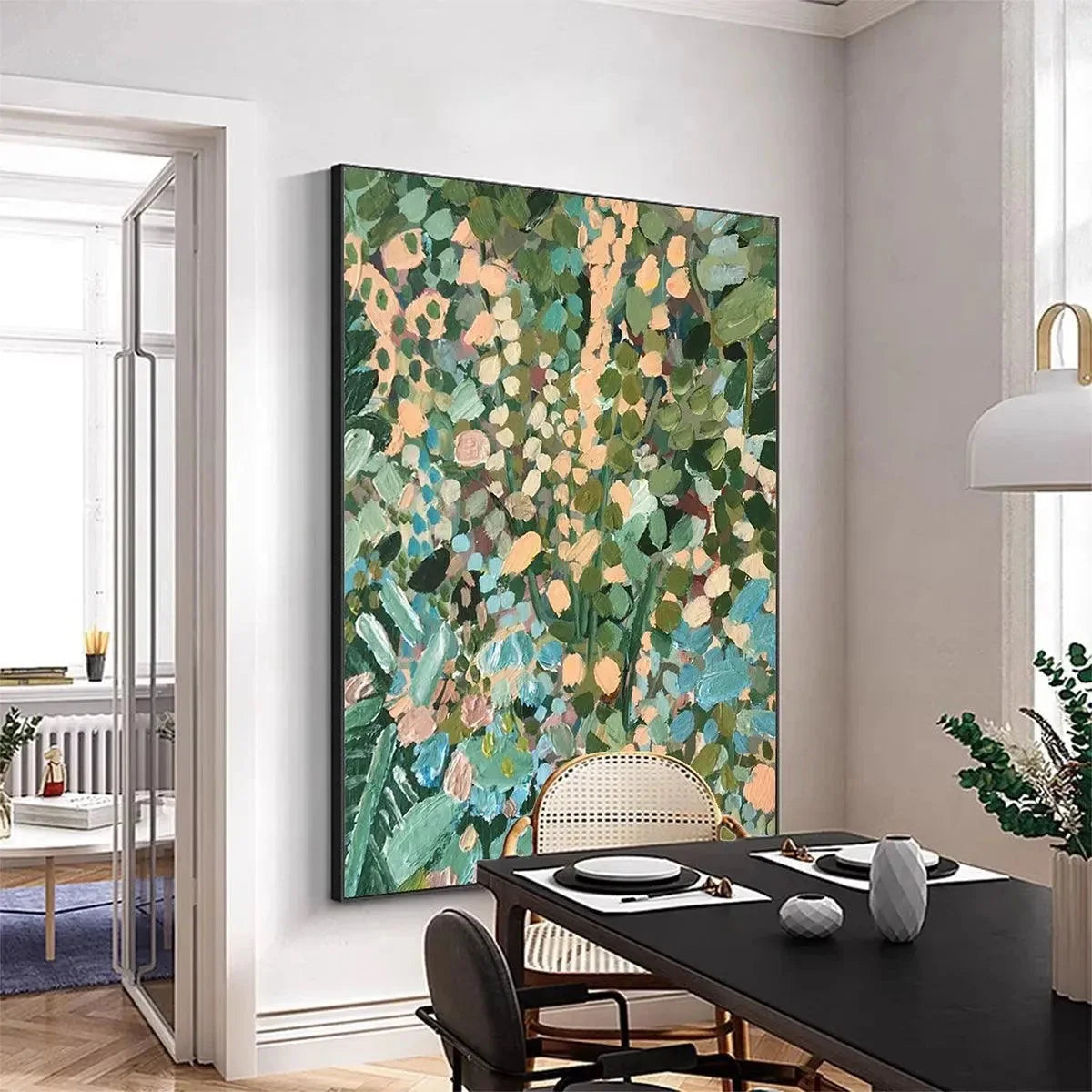 ENCHANTED GARDEN: Vertical Abstract Floral Painting in Green, Blue, and Peach | gold frame stretched on neutral wall