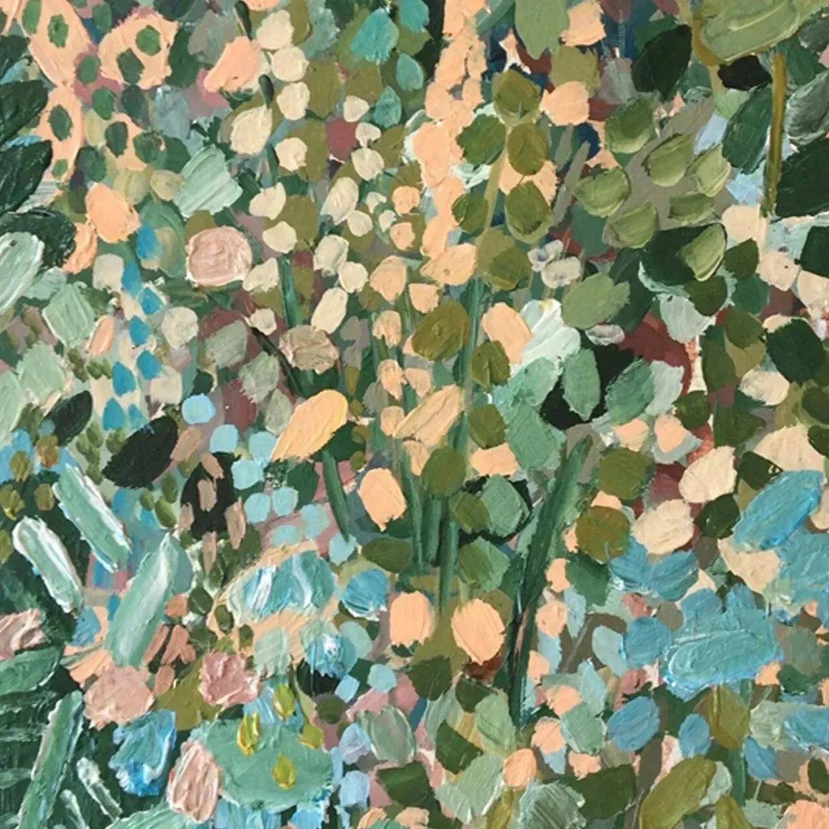 ENCHANTED GARDEN: Vertical Abstract Floral Painting in Green, Blue, and Peach | rolled canvas, ready for custom framing