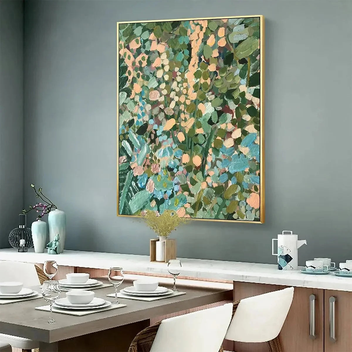 ENCHANTED GARDEN: Vertical Abstract Floral Painting in Green, Blue, and Peach | black frame version on white wall