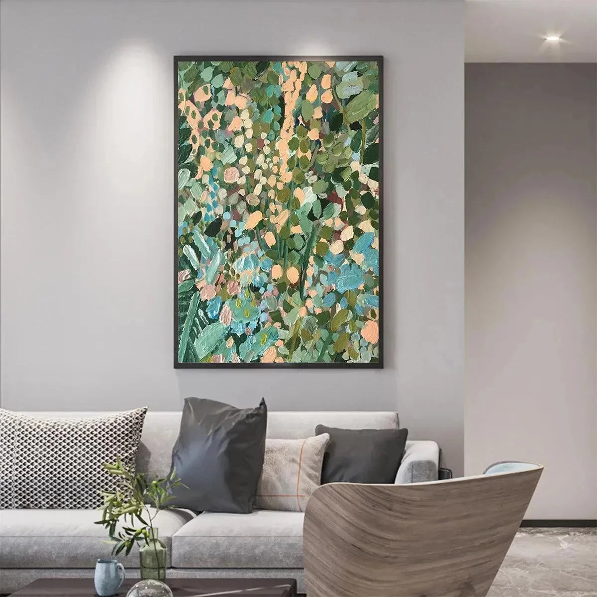 ENCHANTED GARDEN: Vertical Abstract Floral Painting in Green, Blue, and Peach | Abstract mood, soft natural light studio shot