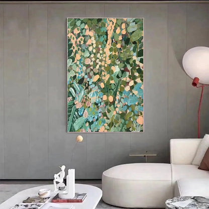 ENCHANTED GARDEN: Vertical Abstract Floral Painting in Green, Blue, and Peach | blue palette, original Hand-painted on premium stretched canvas using artist-grade oils; rich layered surface combine...