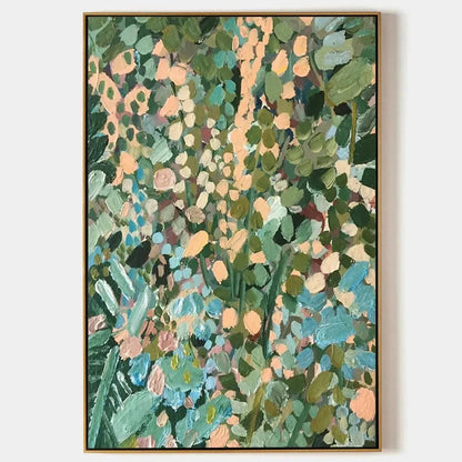ENCHANTED GARDEN: Vertical Abstract Floral Painting in Green, Blue, and Peach | hanging in ENCHANTED GARDEN: Vertical Abstract Floral Painting in Green, Blue, and Peach featuring layered textured b...