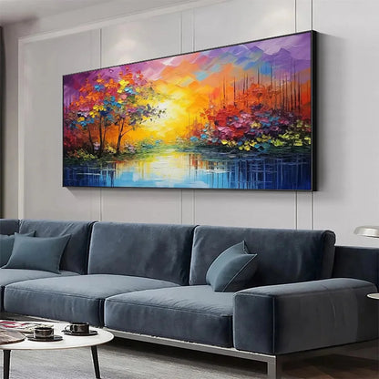 ENCHANTED RIVERVIEW: Colorful Landscape Painting | gold frame stretched on neutral wall