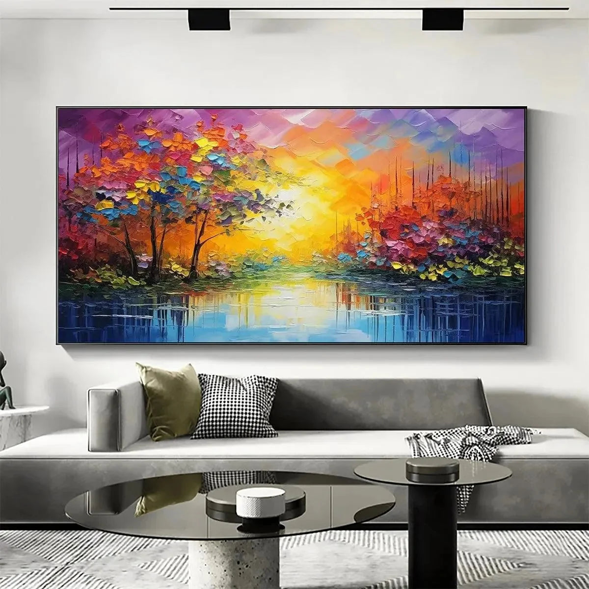 ENCHANTED RIVERVIEW: Colorful Landscape Painting | beige palette, original Hand-painted on premium stretched canvas using artist-grade oils; rich layered surface combines smooth gradients with tact...