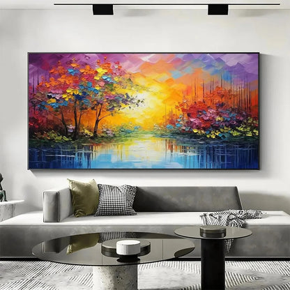 ENCHANTED RIVERVIEW: Colorful Landscape Painting | beige palette, original Hand-painted on premium stretched canvas using artist-grade oils; rich layered surface combines smooth gradients with tact...