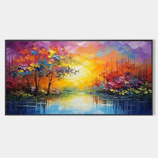 ENCHANTED RIVERVIEW: Colorful Landscape Painting | hanging in ENCHANTED RIVERVIEW: Colorful Landscape Painting featuring layered textured brushwork in refined tones; landscape composition with rich...