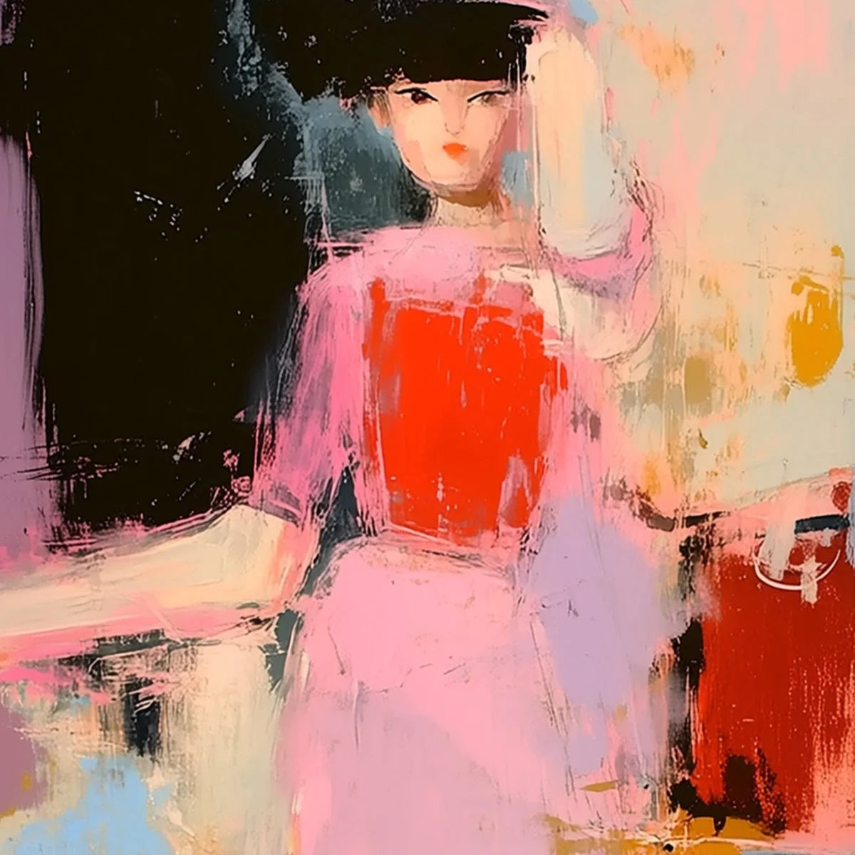 ENIGMA IN PINK: Modern Abstract Figurative Portrait Painting | rectangular format, hand-painted canvas edge