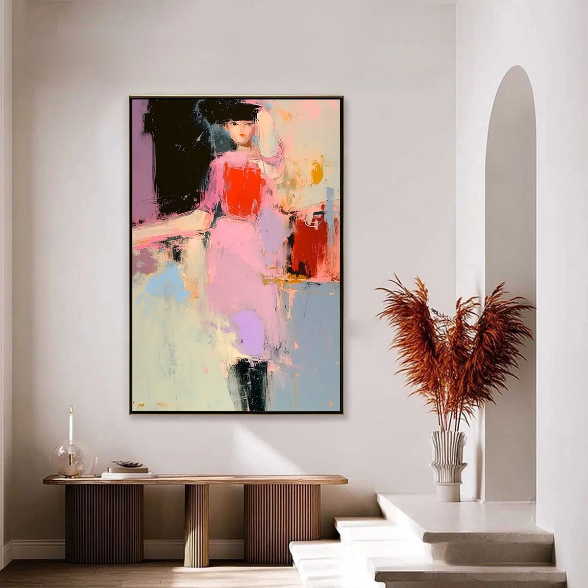ENIGMA IN PINK: Modern Abstract Figurative Portrait Painting | gold frame stretched on neutral wall