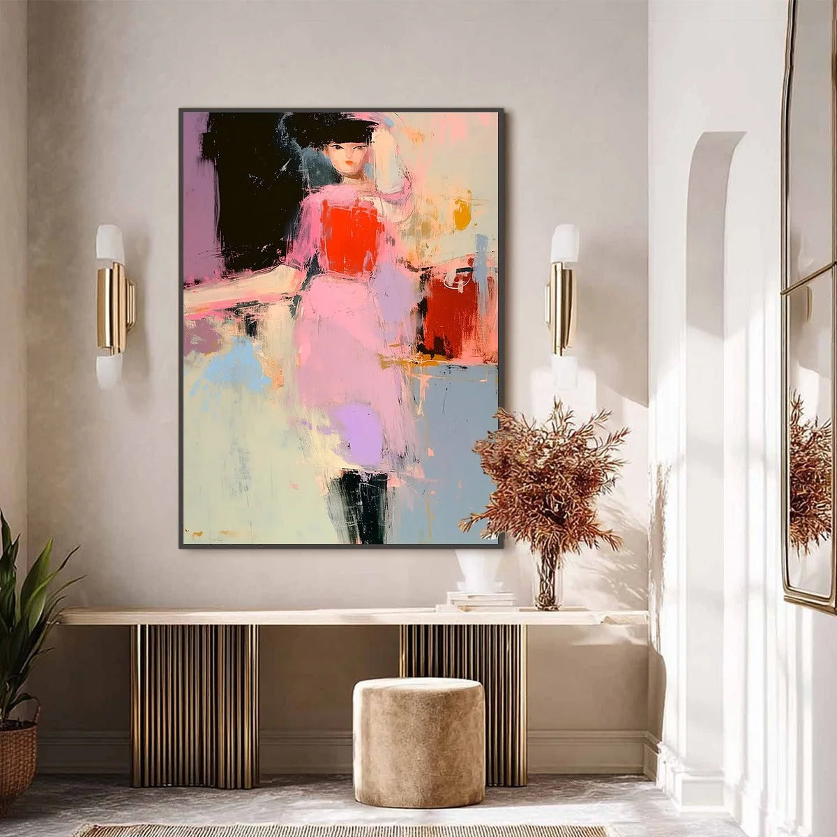 ENIGMA IN PINK: Modern Abstract Figurative Portrait Painting | black frame version on white wall