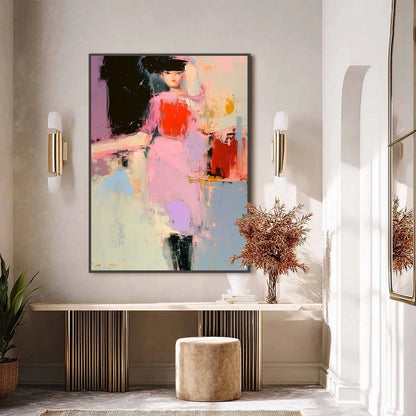 ENIGMA IN PINK: Modern Abstract Figurative Portrait Painting | black frame version on white wall