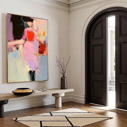 ENIGMA IN PINK: Modern Abstract Figurative Portrait Painting | beige palette, original Hand-painted on premium stretched canvas using artist-grade oils; rich layered surface combines smooth gradien...