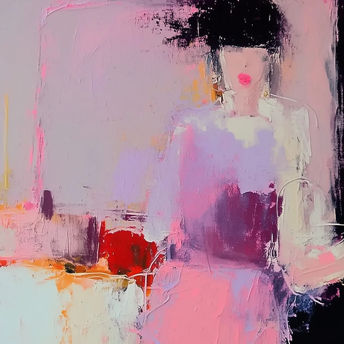 ENIGMA IN PINK: Textured Abstract Portrait Painting of a Woman | rectangular format, hand-painted canvas edge